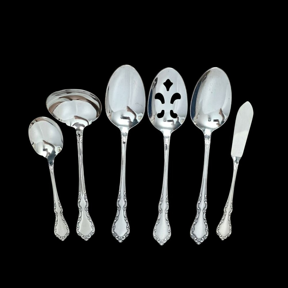 VTG Oneida Mansion Hall 6 Pc Serving Set Gravy Ladle Spoons Sugar Knife Floral